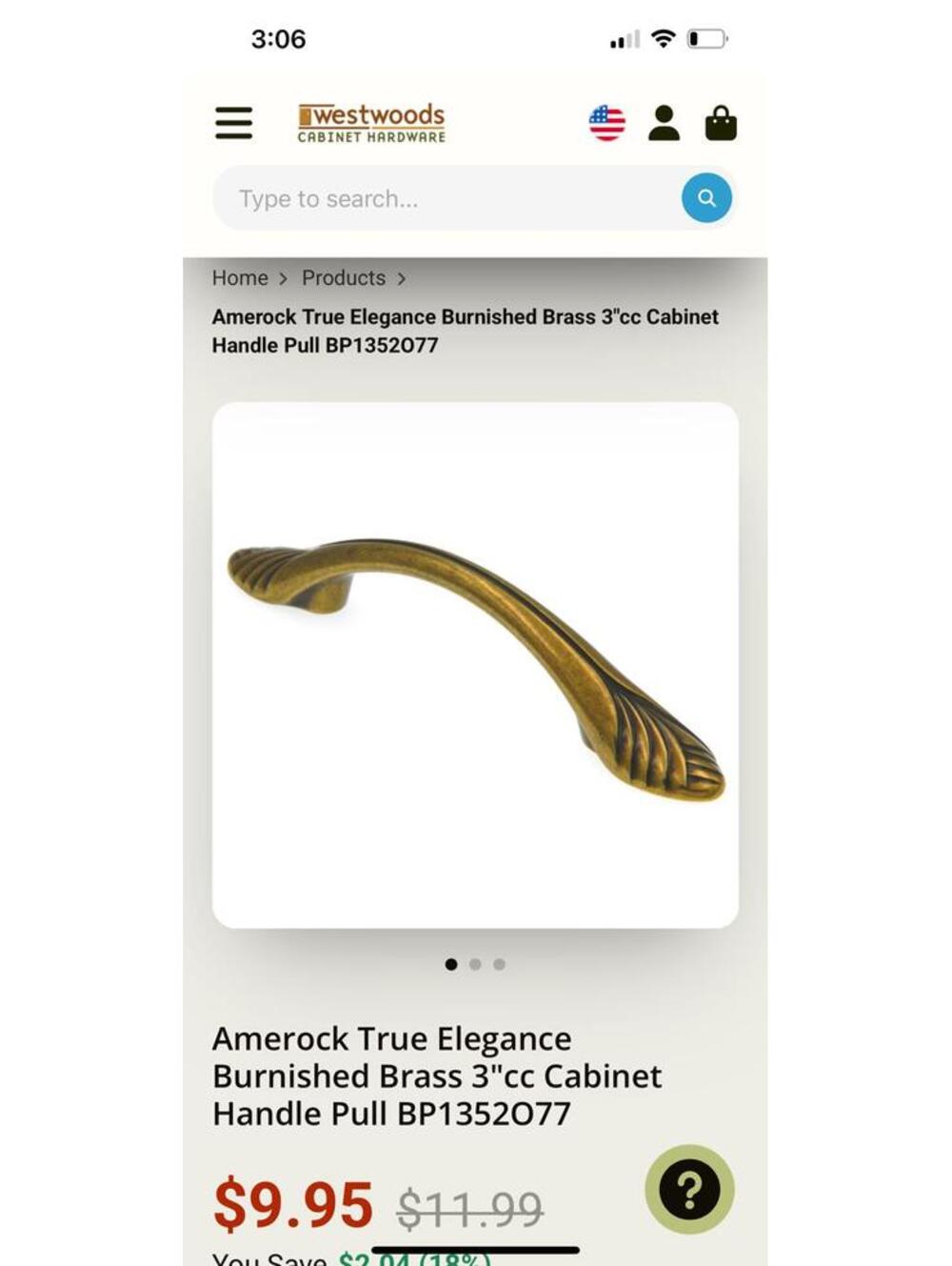 Amerock True Elegance Burnished Brass 3"cc Cabinet Handle